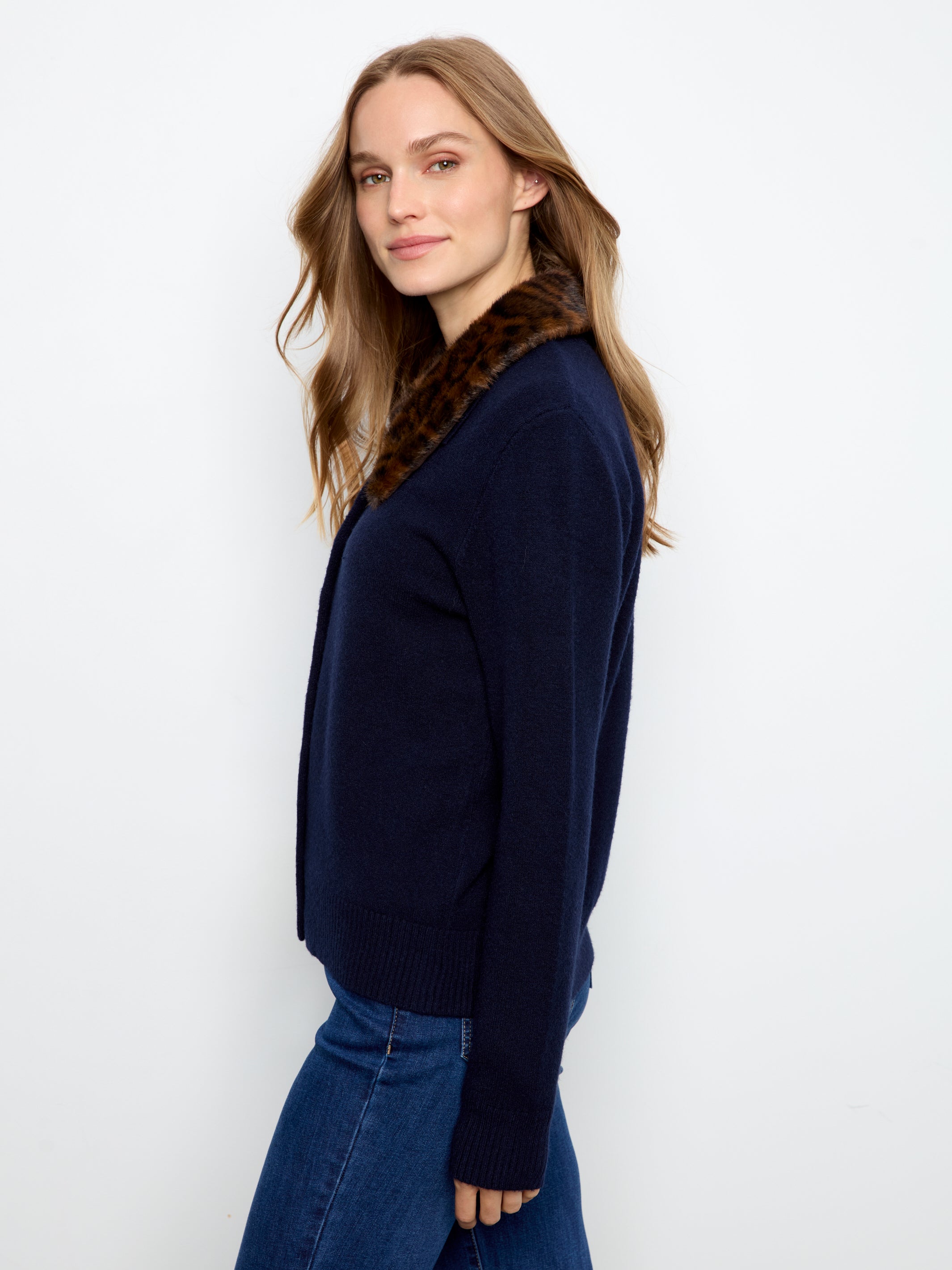 Plushy Button Up Cardigan with Faux Fur Collar by Charlie B