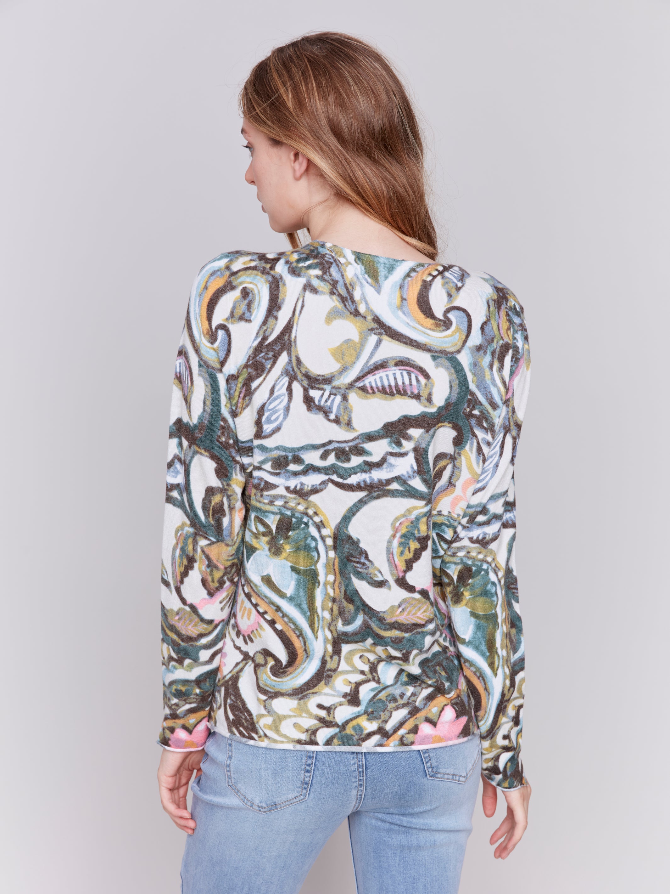 Printed V-Neck Plushy Sweater by Charlie B