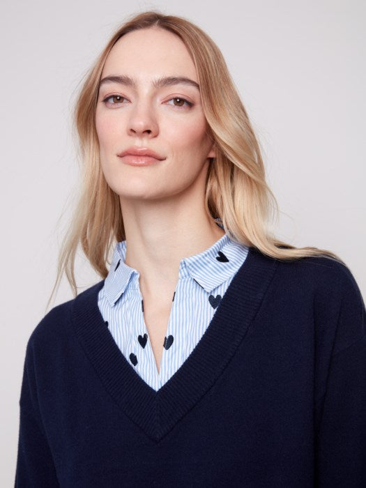 V-Neck Fooler Sweater with Embroidered Shirt by Charlie B
