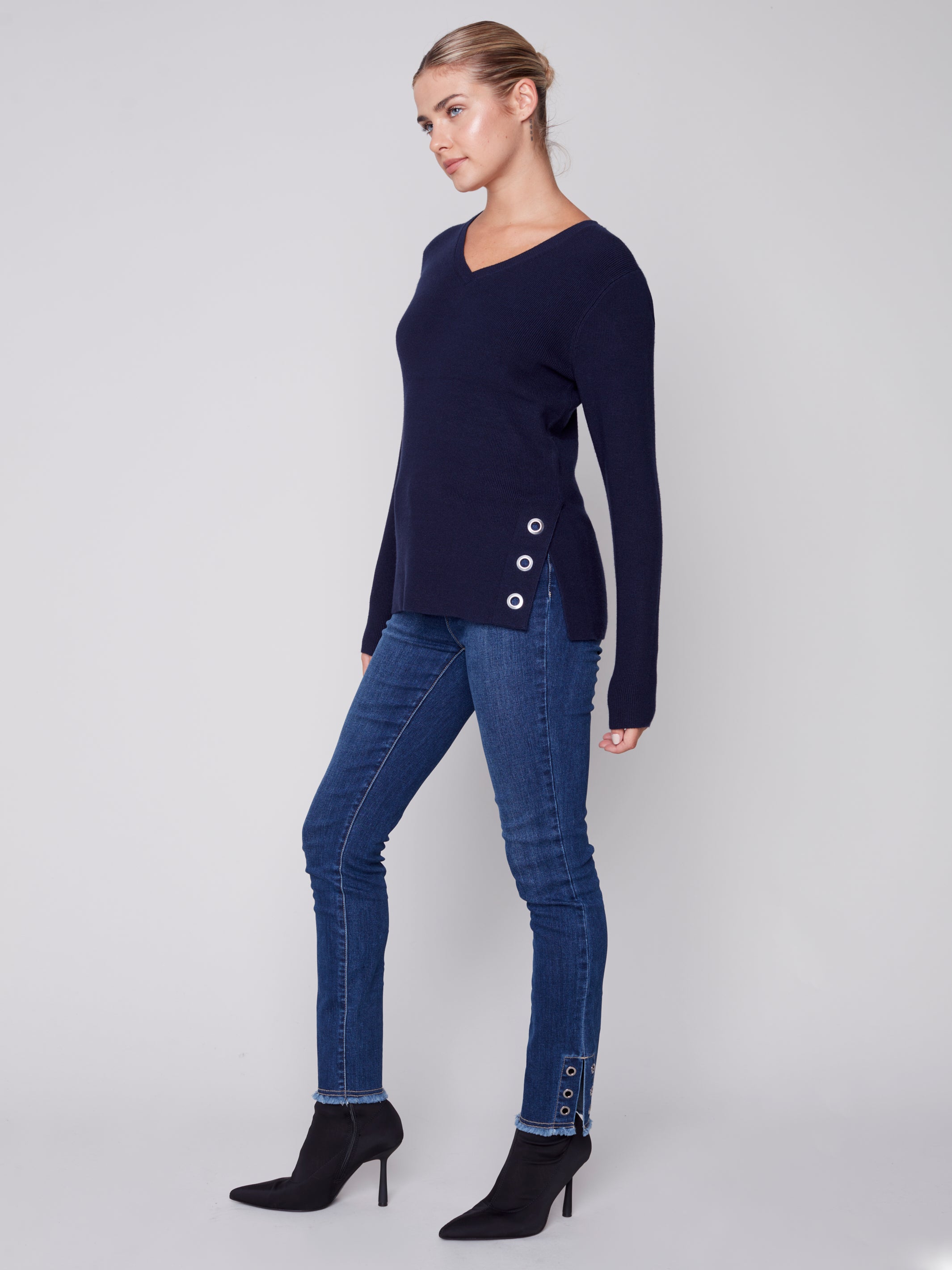 V-Neck Sweater with Grommet Details by Charlie B
