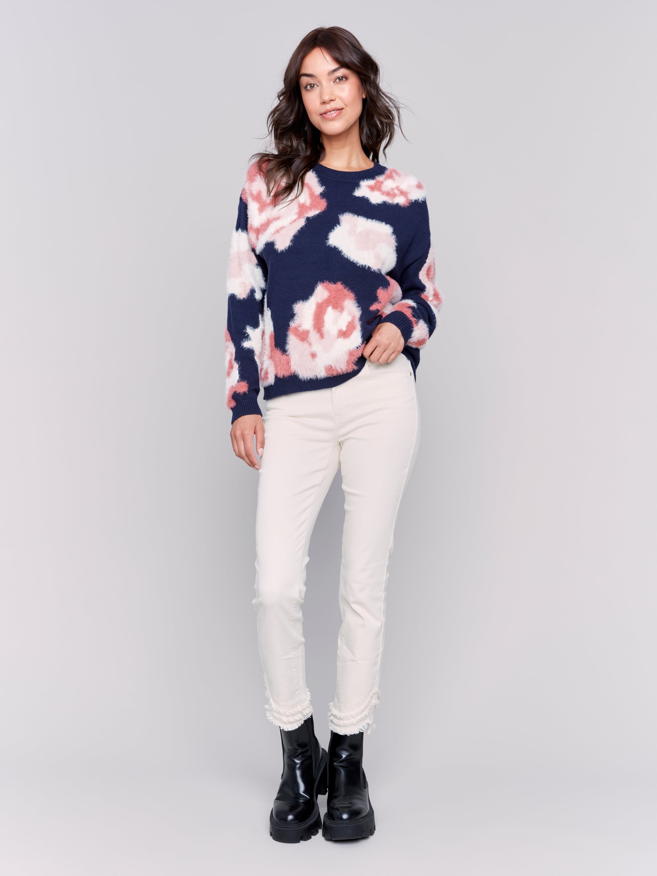 Floral Jacquard Crew Neck Sweater by Charlie B