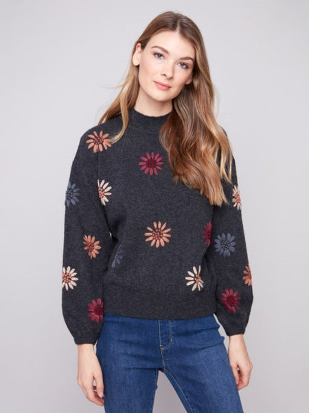 Mock Neck Sweater With Floral Embroidery by Charlie B