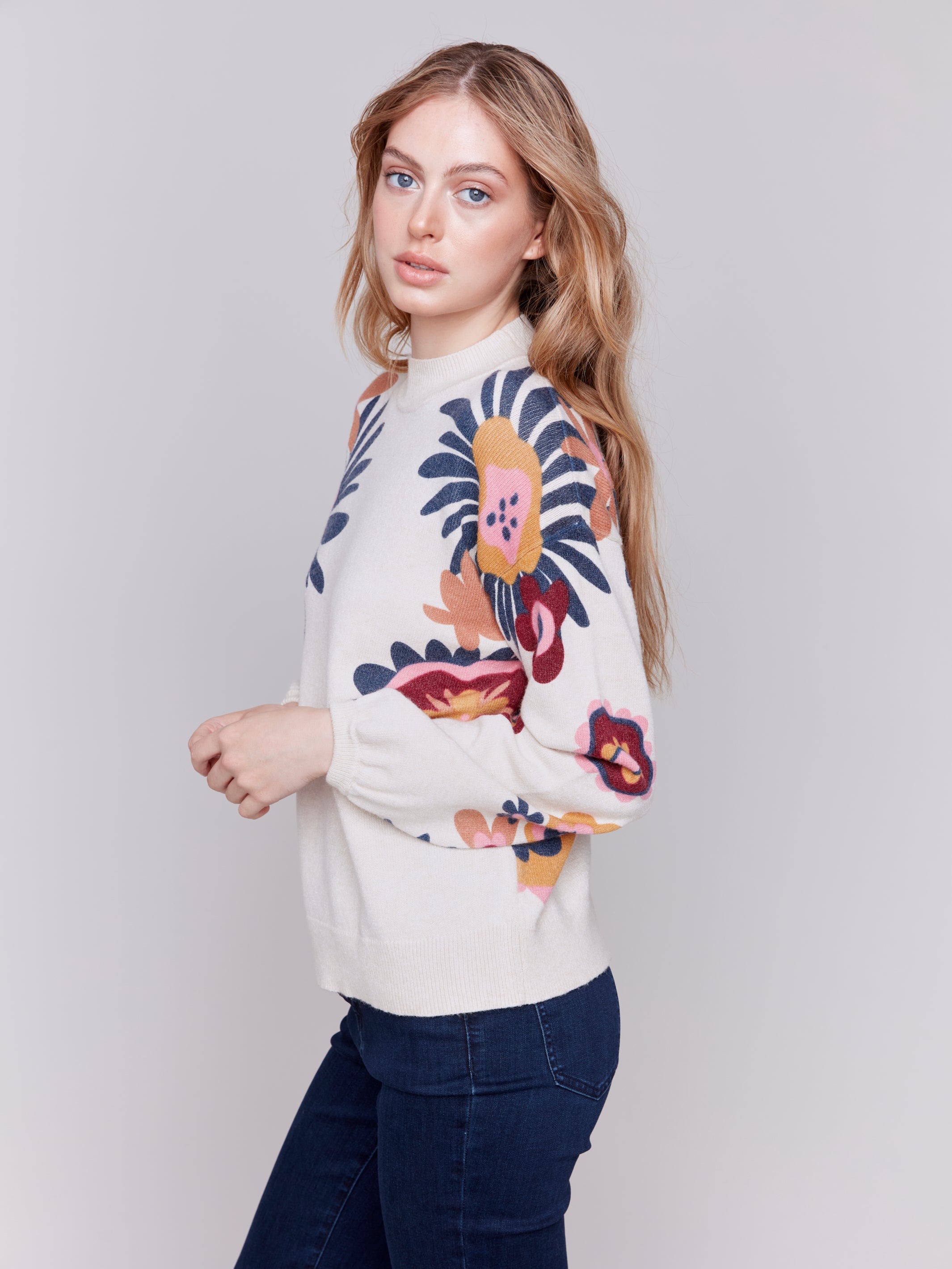 Floral Printed Mock Neck Sweater by Charlie B