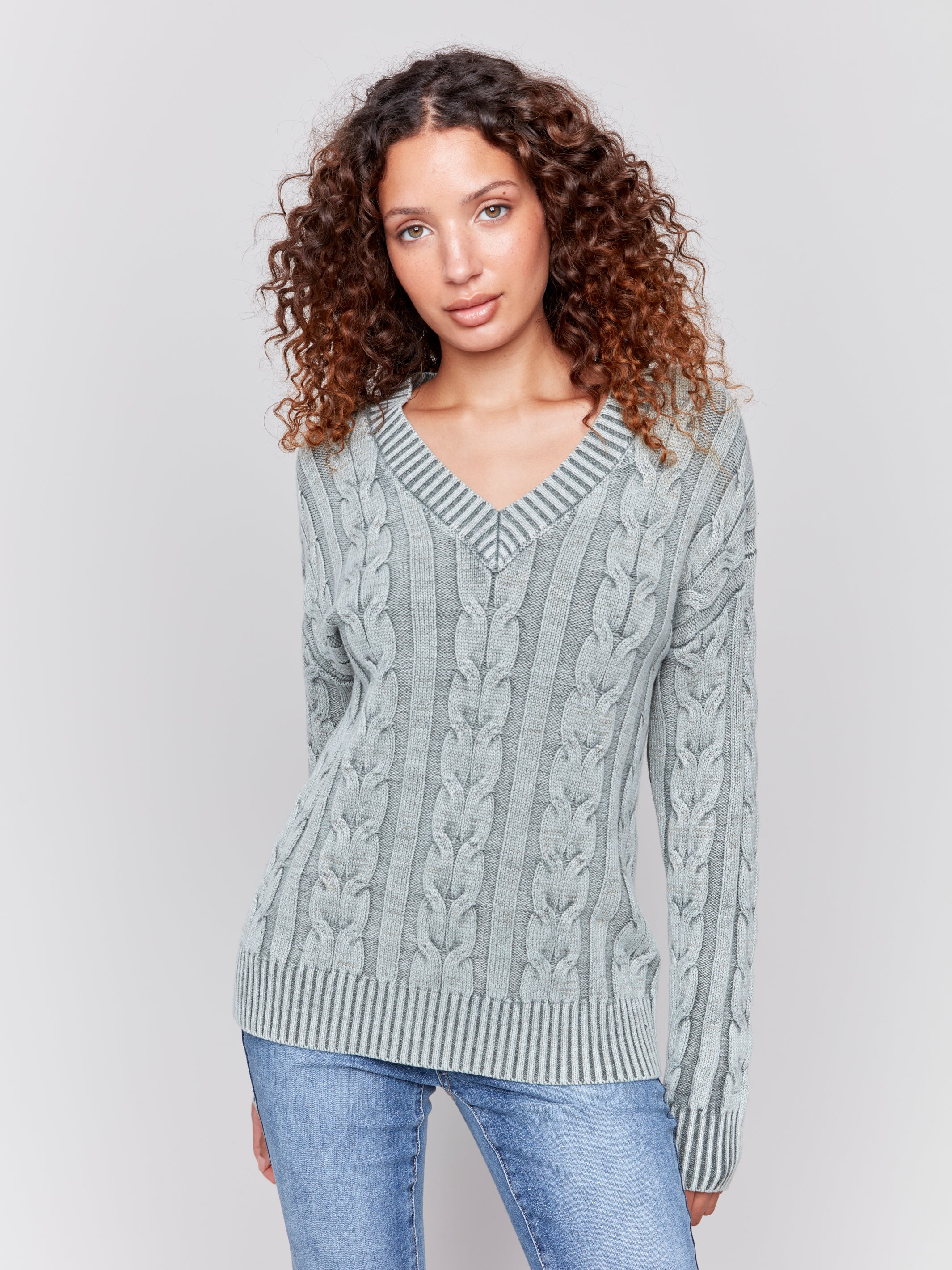 V-Neck Cable Knit Sweater by Charlie B