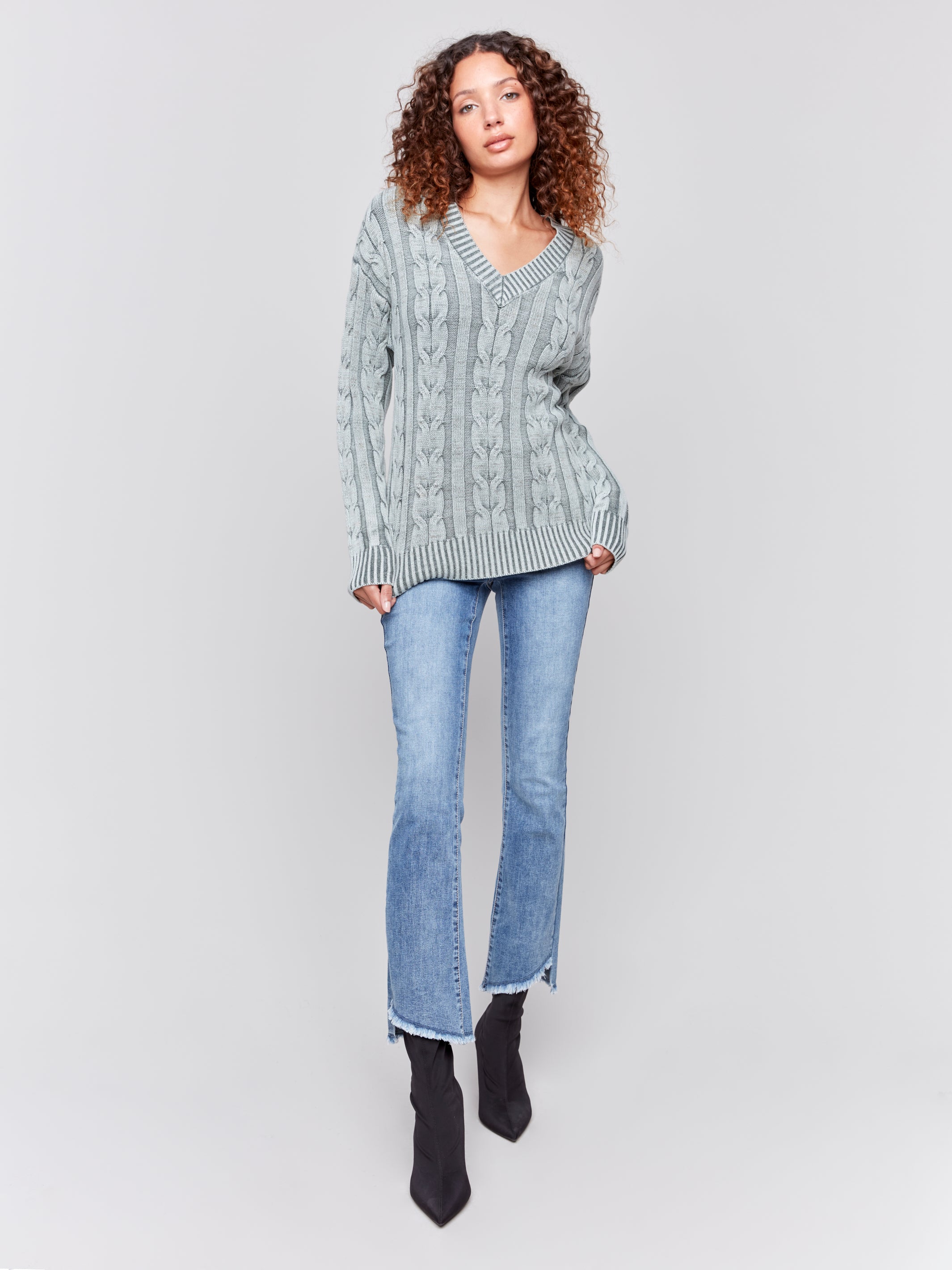 V-Neck Cable Knit Sweater by Charlie B