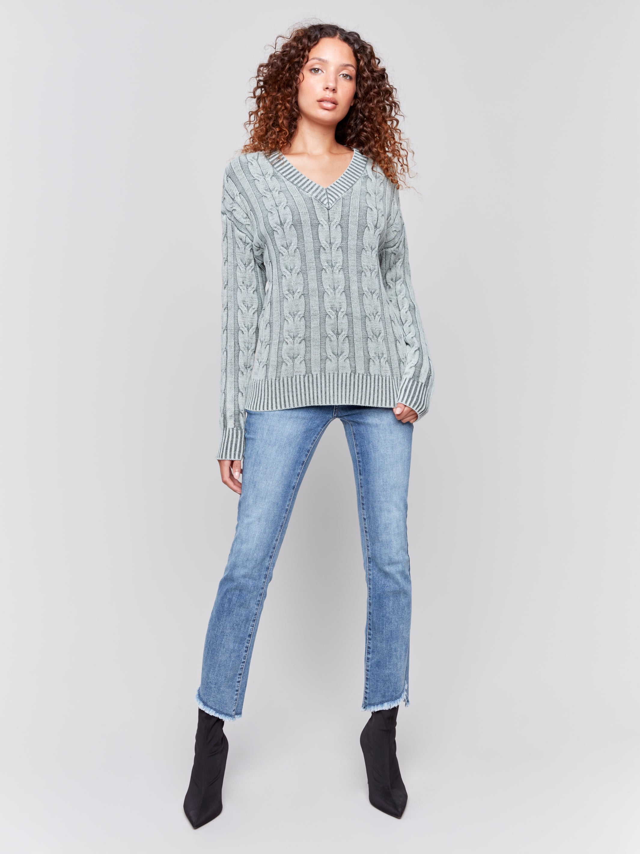 V-Neck Cable Knit Sweater by Charlie B