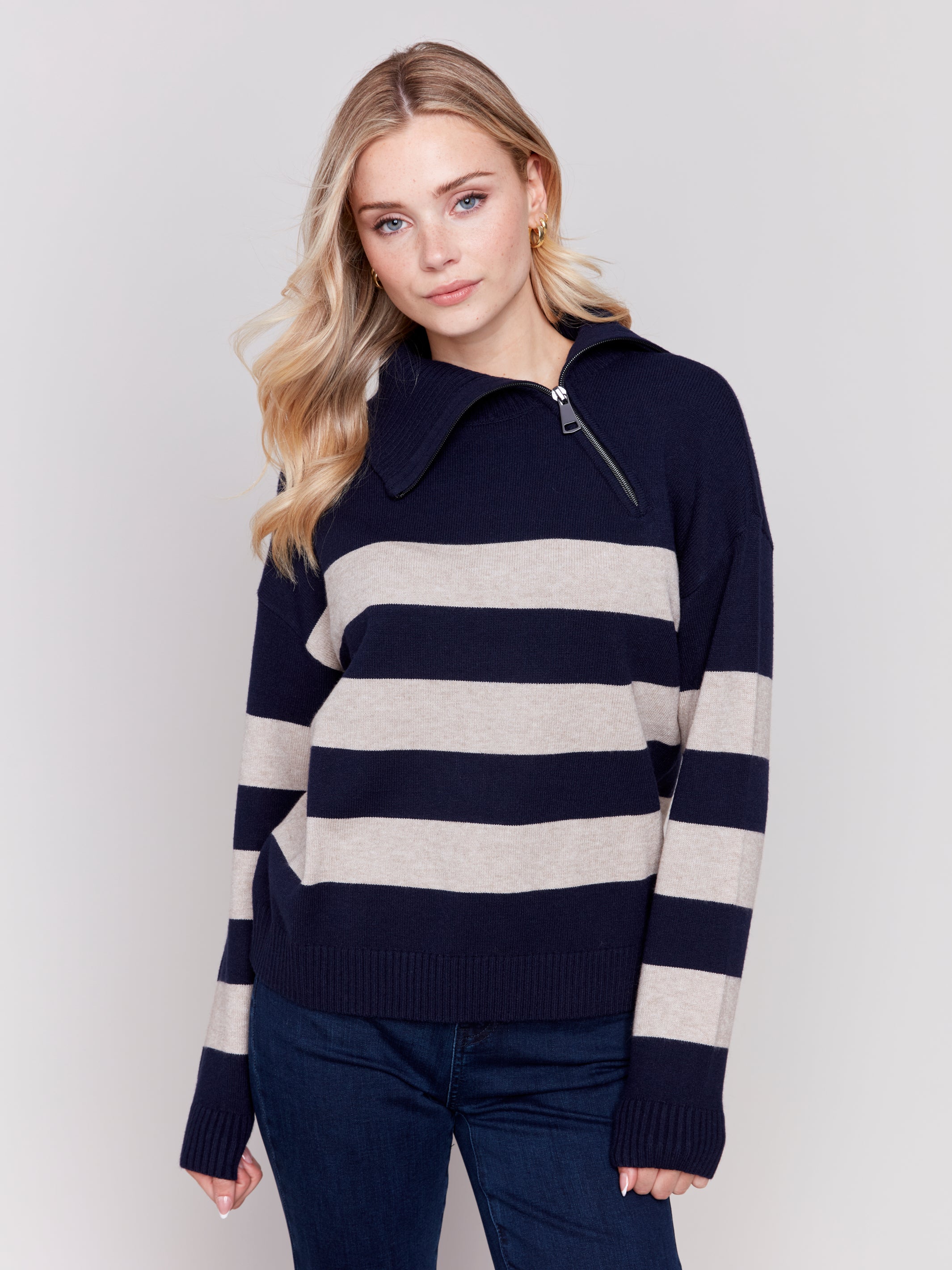 Rugby Striped Turtleneck Sweater with Zip at Neck by Charlie B