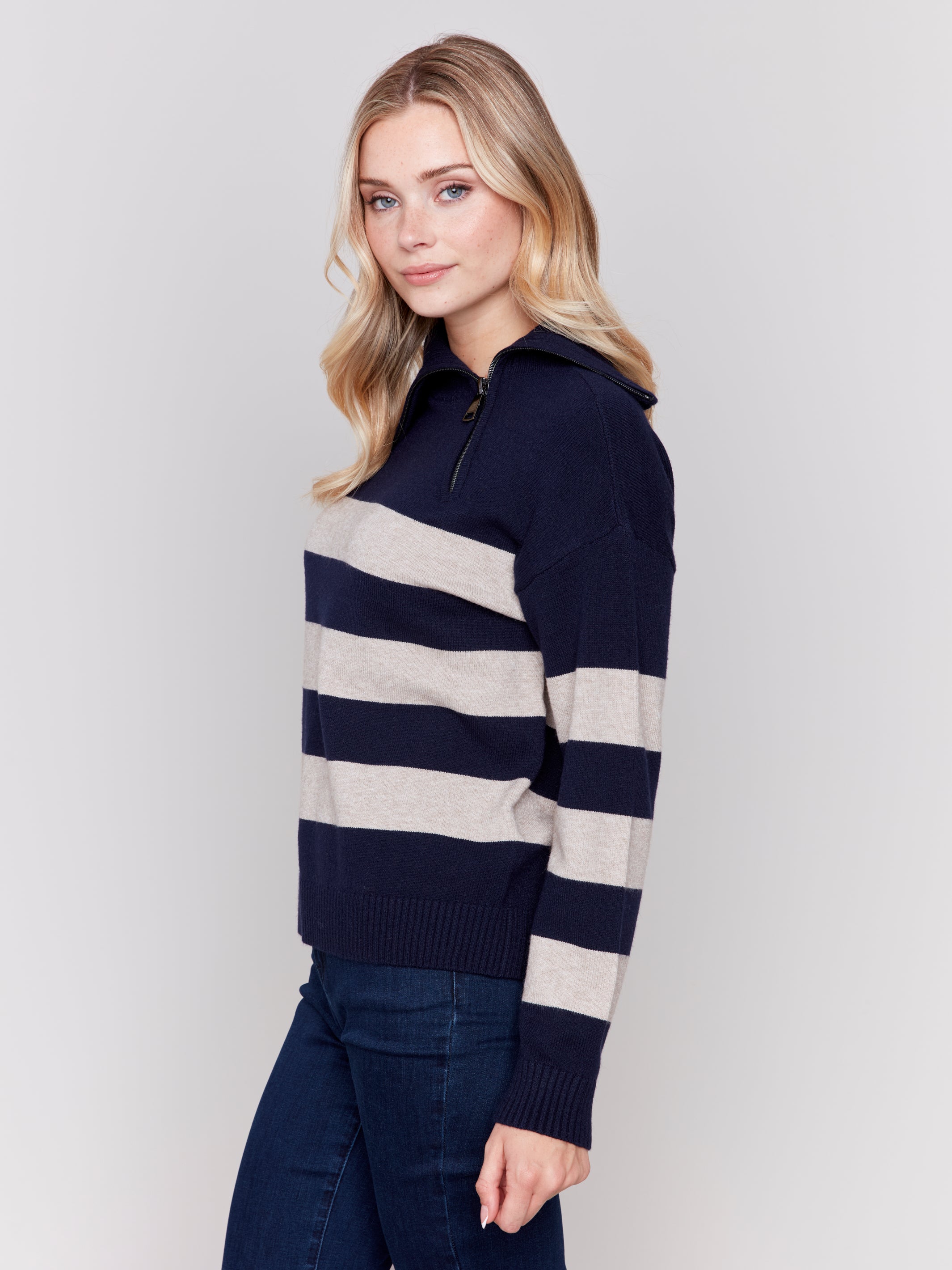 Rugby Striped Turtleneck Sweater with Zip at Neck by Charlie B