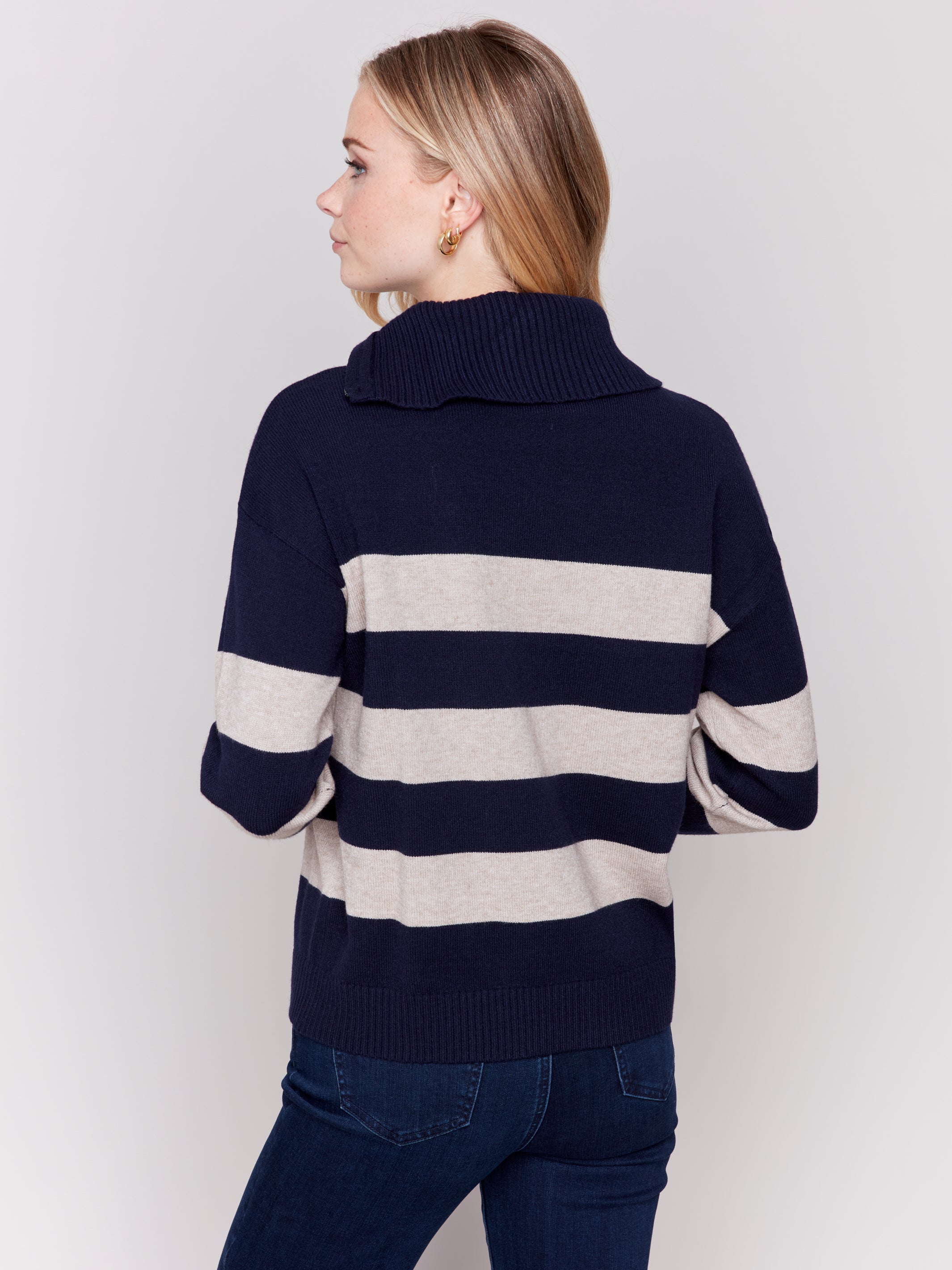 Rugby Striped Turtleneck Sweater with Zip at Neck by Charlie B