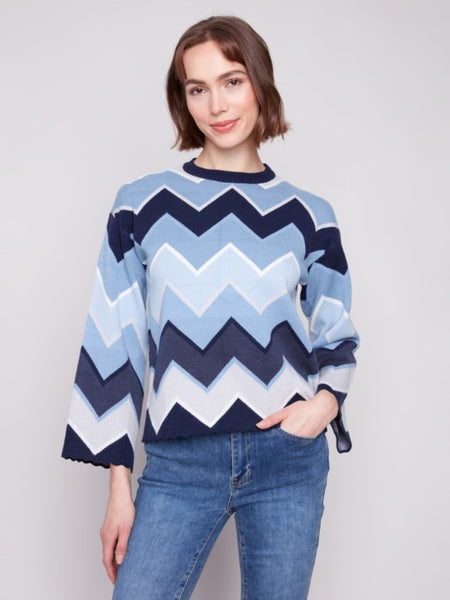 Chevron Striped Crew Neck Sweater by Charlie B