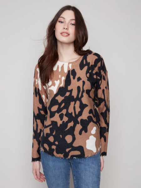 Reversible Printed Plush Sweater with Frayed Edges by Charlie B
