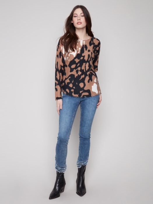 Reversible Printed Plush Sweater with Frayed Edges by Charlie B