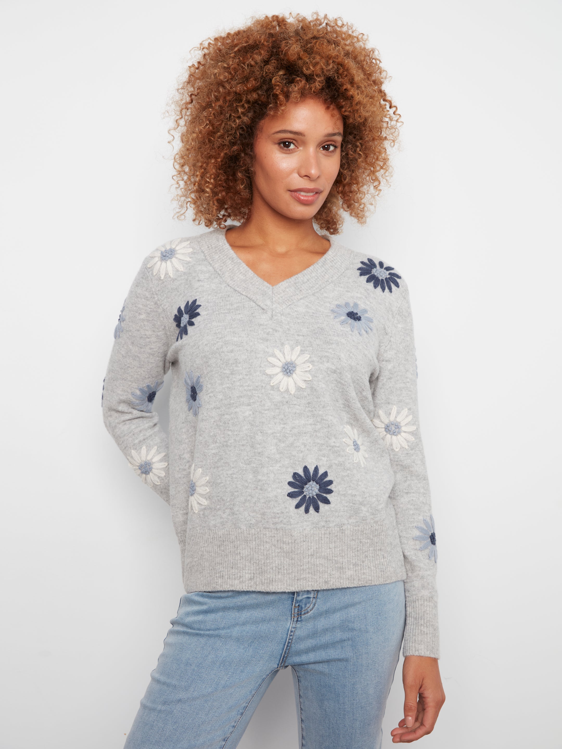 Charlie B Embroidered Floral V-Neck Sweater in Heather Grey