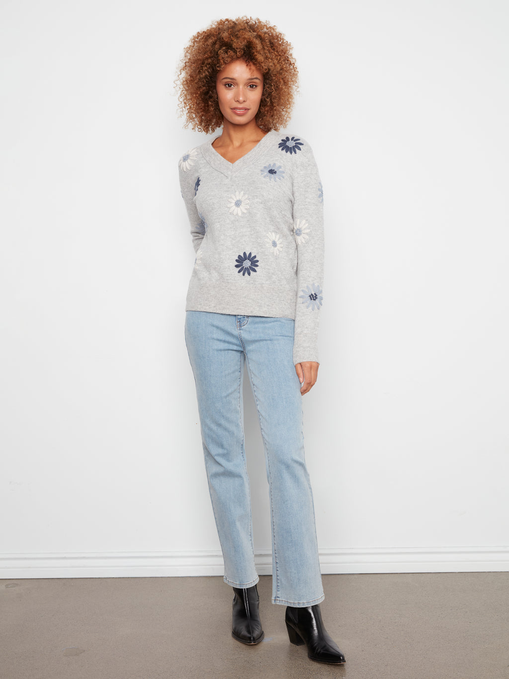 Charlie B Embroidered Floral V-Neck Sweater in Heather Grey