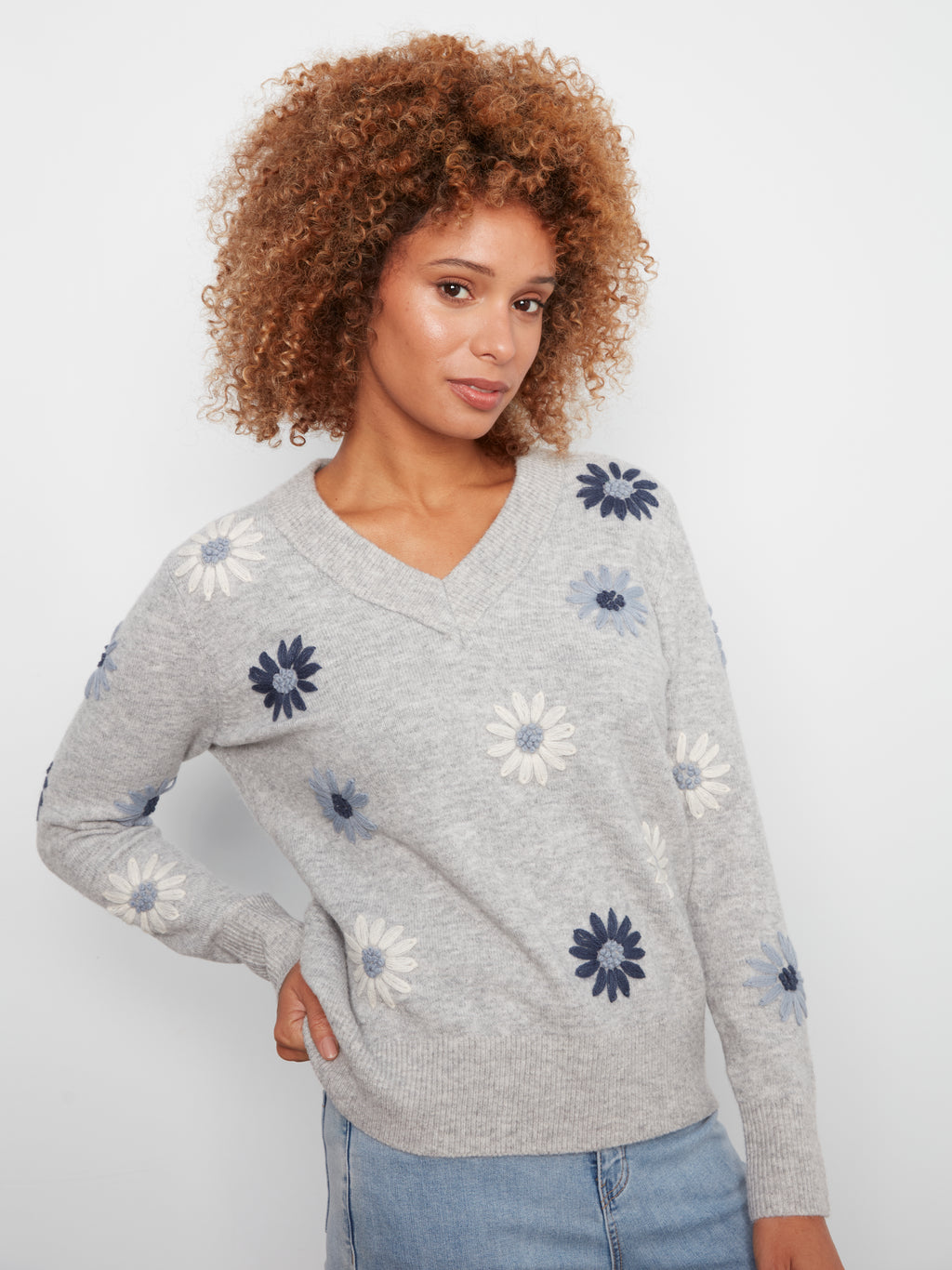Charlie B Embroidered Floral V-Neck Sweater in Heather Grey