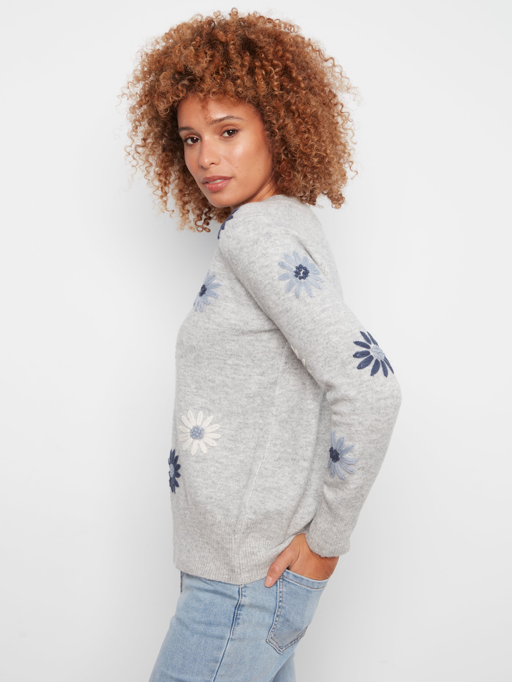 Charlie B Embroidered Floral V-Neck Sweater in Heather Grey