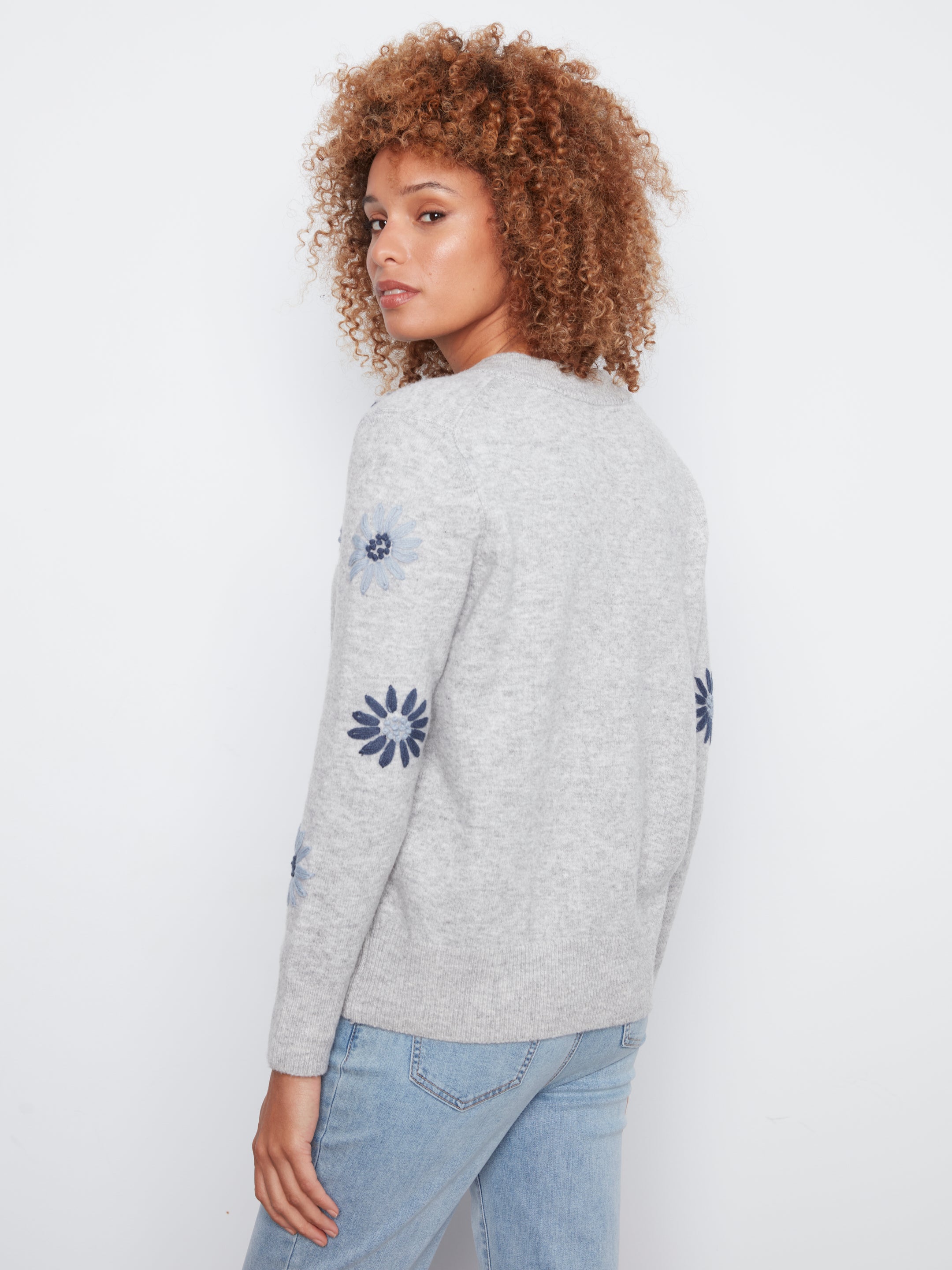 Charlie B Embroidered Floral V-Neck Sweater in Heather Grey