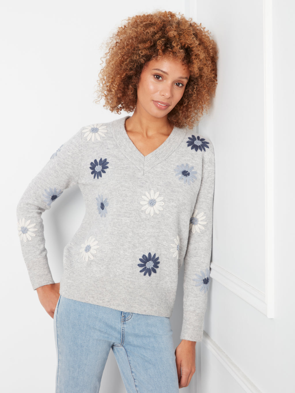 Charlie B Embroidered Floral V-Neck Sweater in Heather Grey
