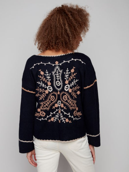 Notched Neckline Embroidered Back Sweater by Charlie B