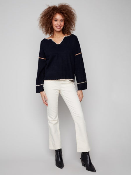 Notched Neckline Embroidered Back Sweater by Charlie B