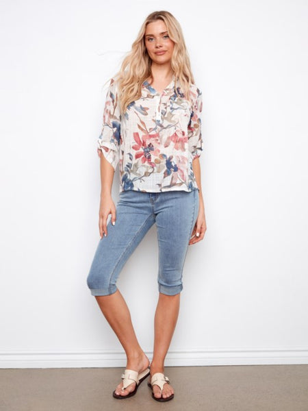 Printed Cotton Gauze Half-Button Top by Charlie B