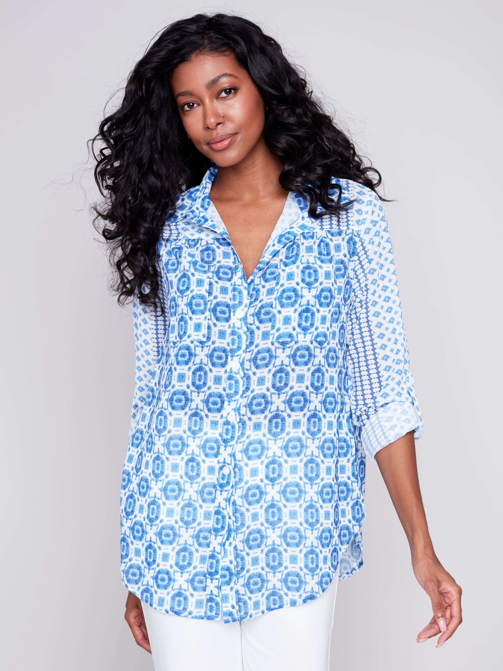 Geo Printed Georgette Button Up Shirt by Charlie B