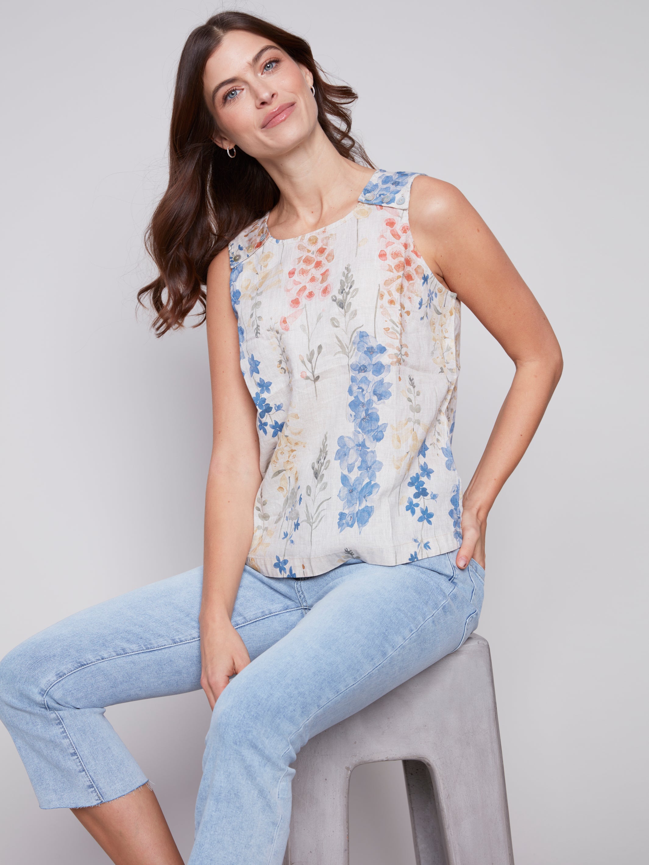 Garden Print Sleeveless Linen Top with Button Detail by Charlie B