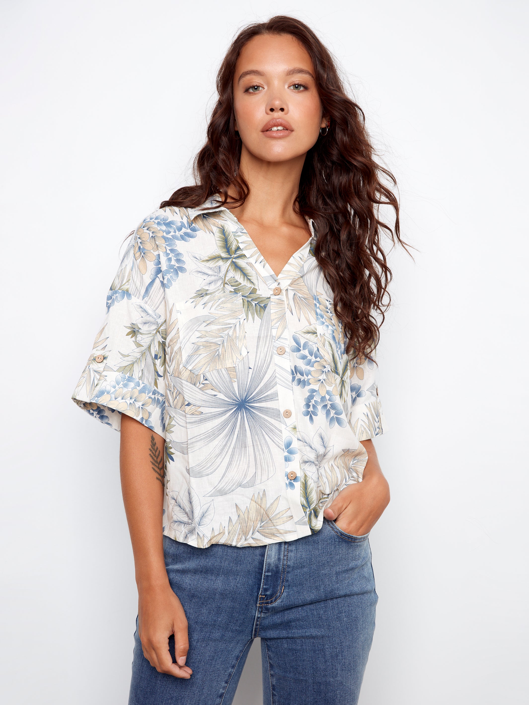 Hawaiian Printed Short Sleeve Linen Blend Shirt by Charlie B