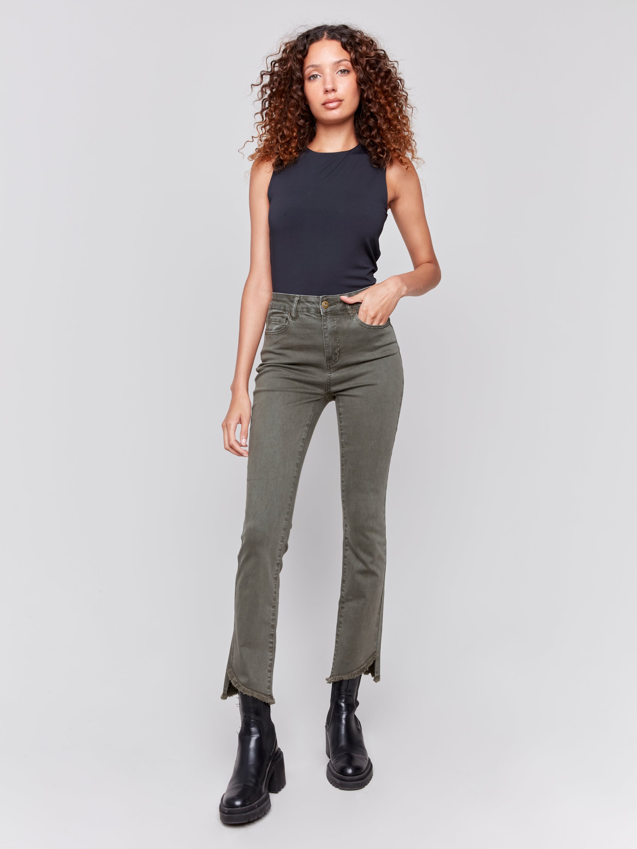 Bootcut Twill Pant with Asymmetrical Hem by Charlie B