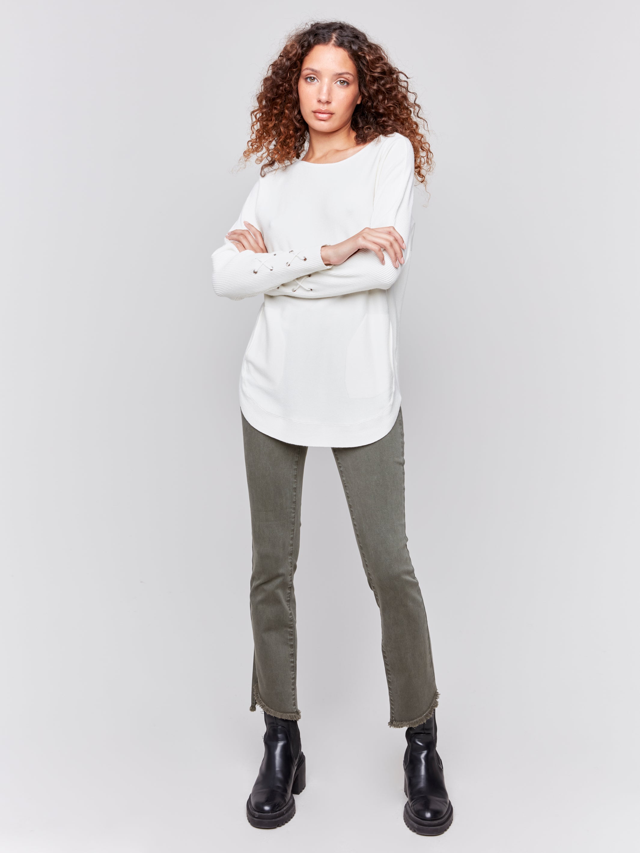 Bootcut Twill Pant with Asymmetrical Hem by Charlie B