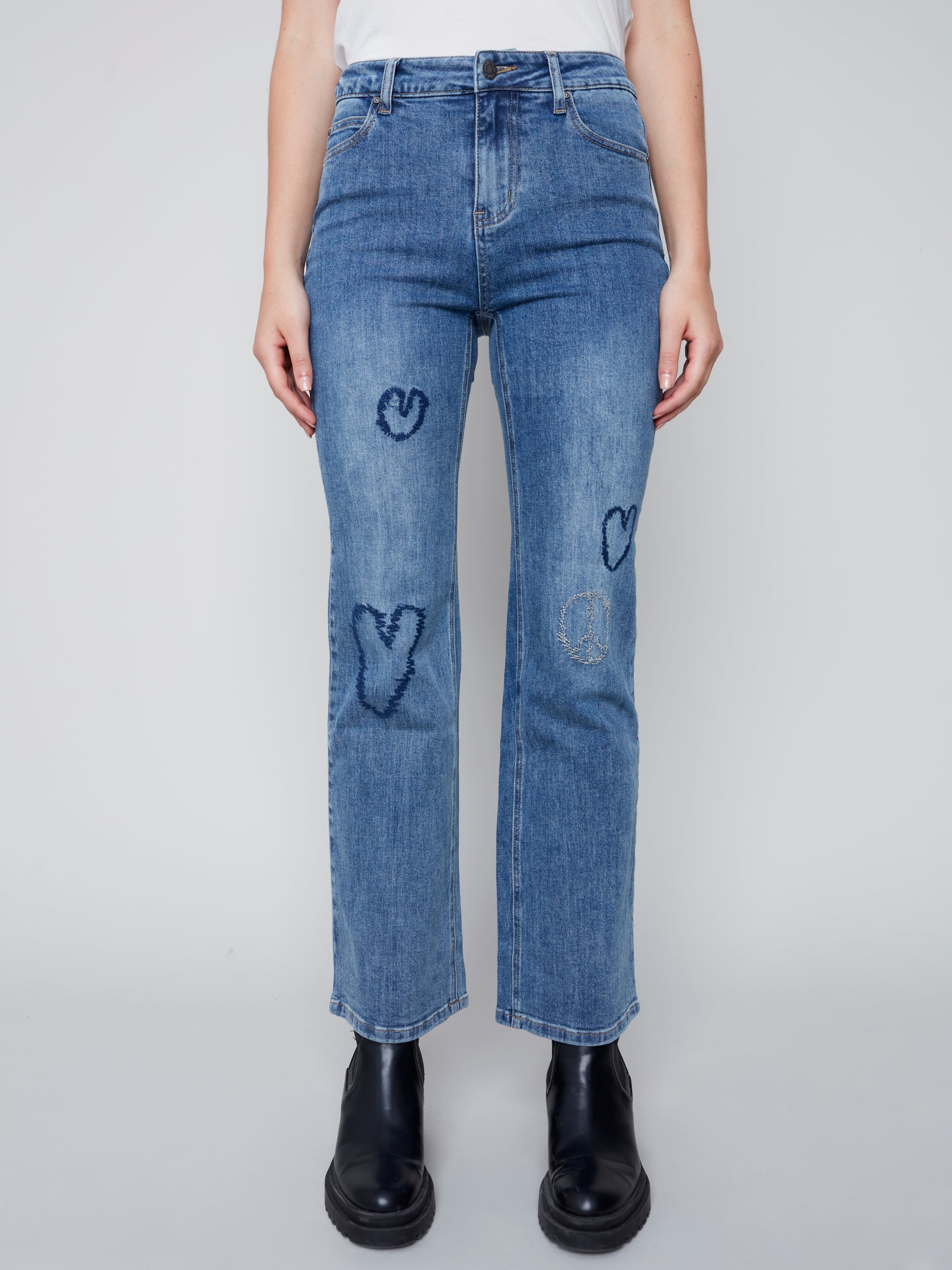 Straight Leg Jeans with Heart Embroidery by Charlie B