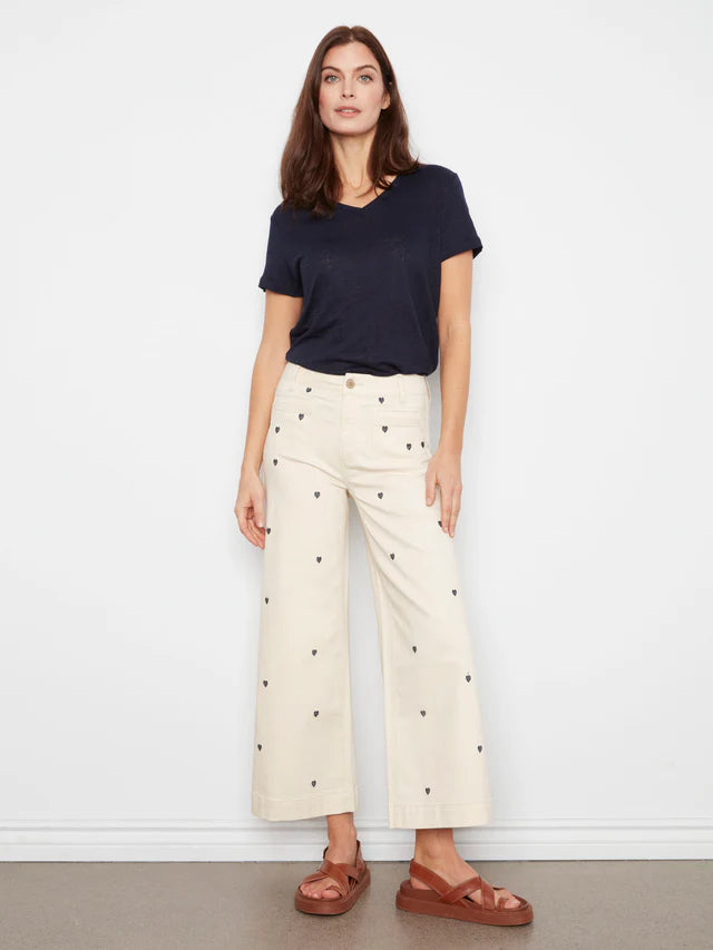 Embroidered Cropped Patch Pocket Flare Twill Pants - Natural by Charlie B