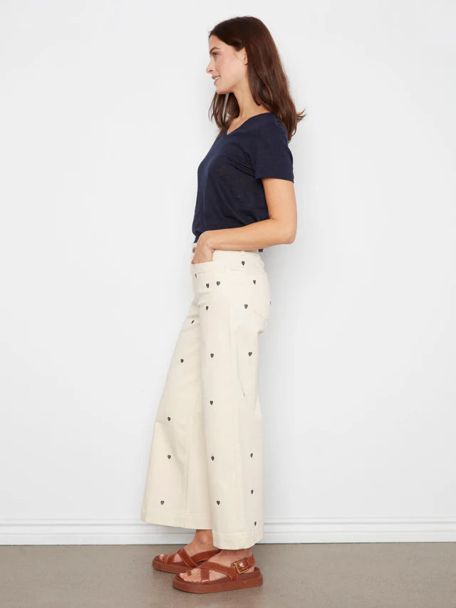 Embroidered Cropped Patch Pocket Flare Twill Pants - Natural by Charlie B