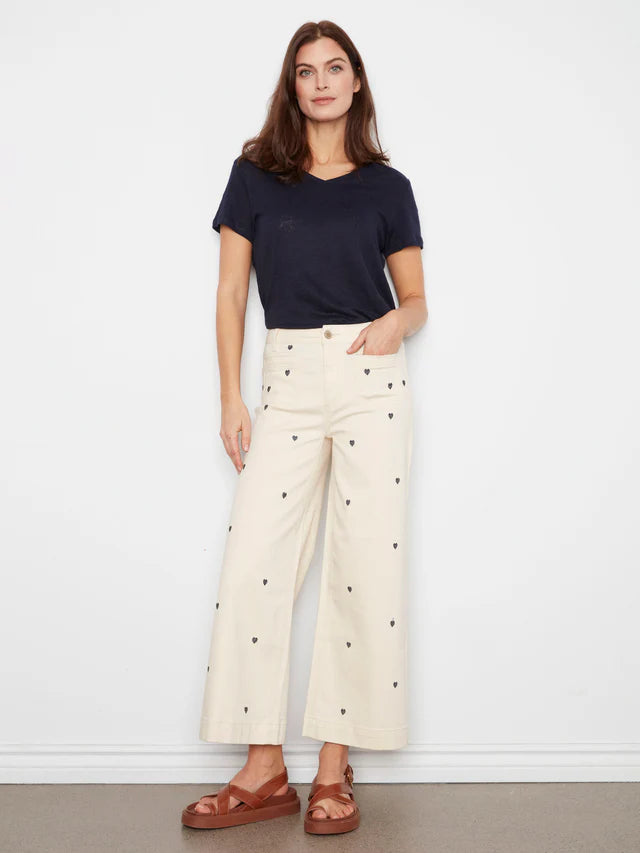 Embroidered Cropped Patch Pocket Flare Twill Pants - Natural by Charlie B