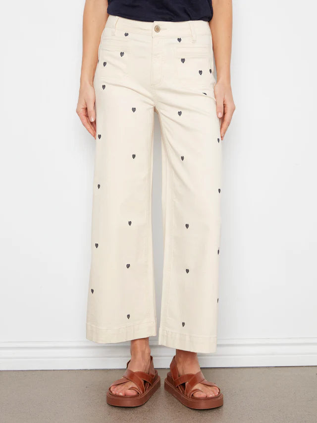 Embroidered Cropped Patch Pocket Flare Twill Pants - Natural by Charlie B