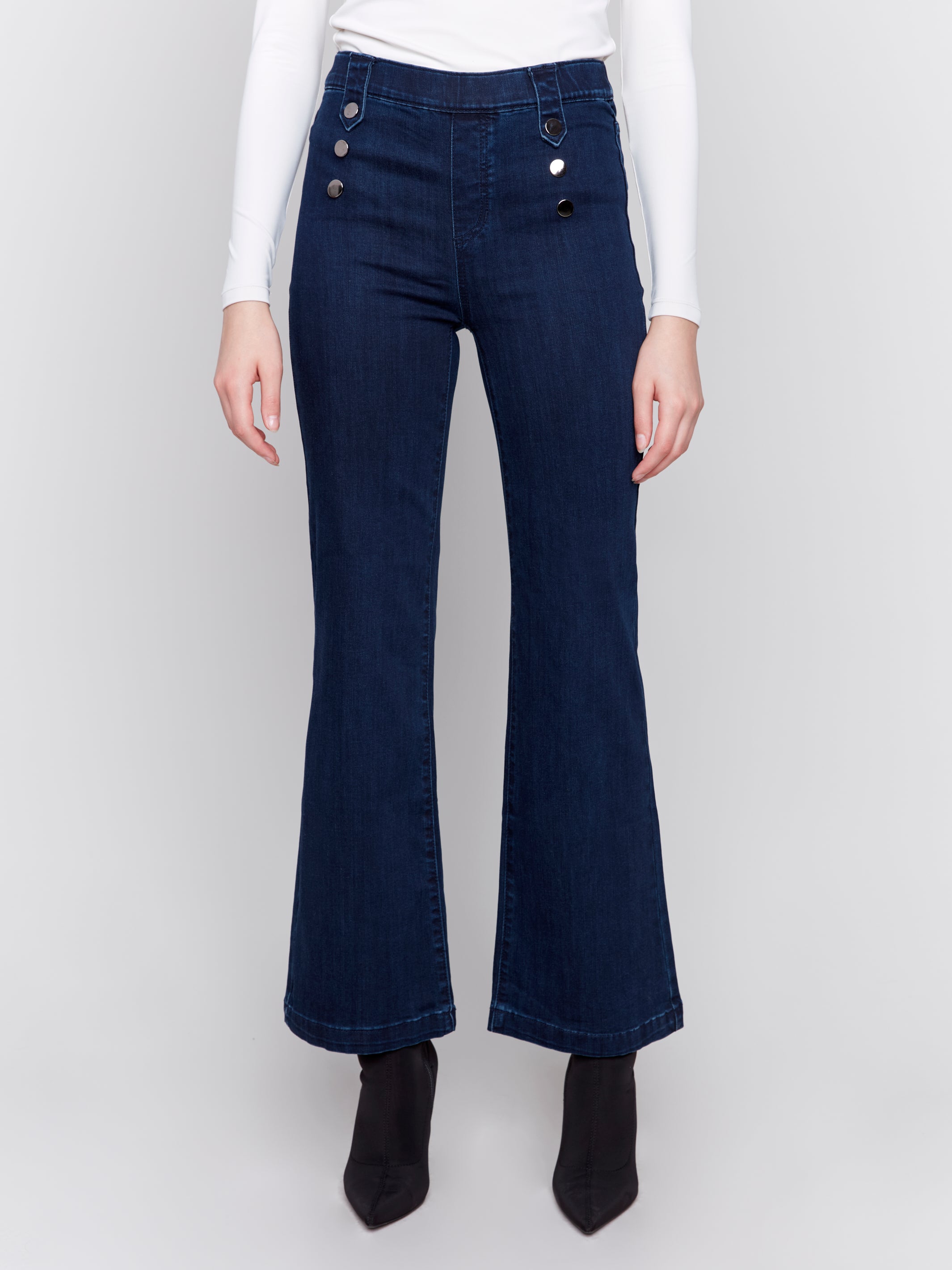 Pull-On Flare Leg Jeans with Front Buttons by Charlie B