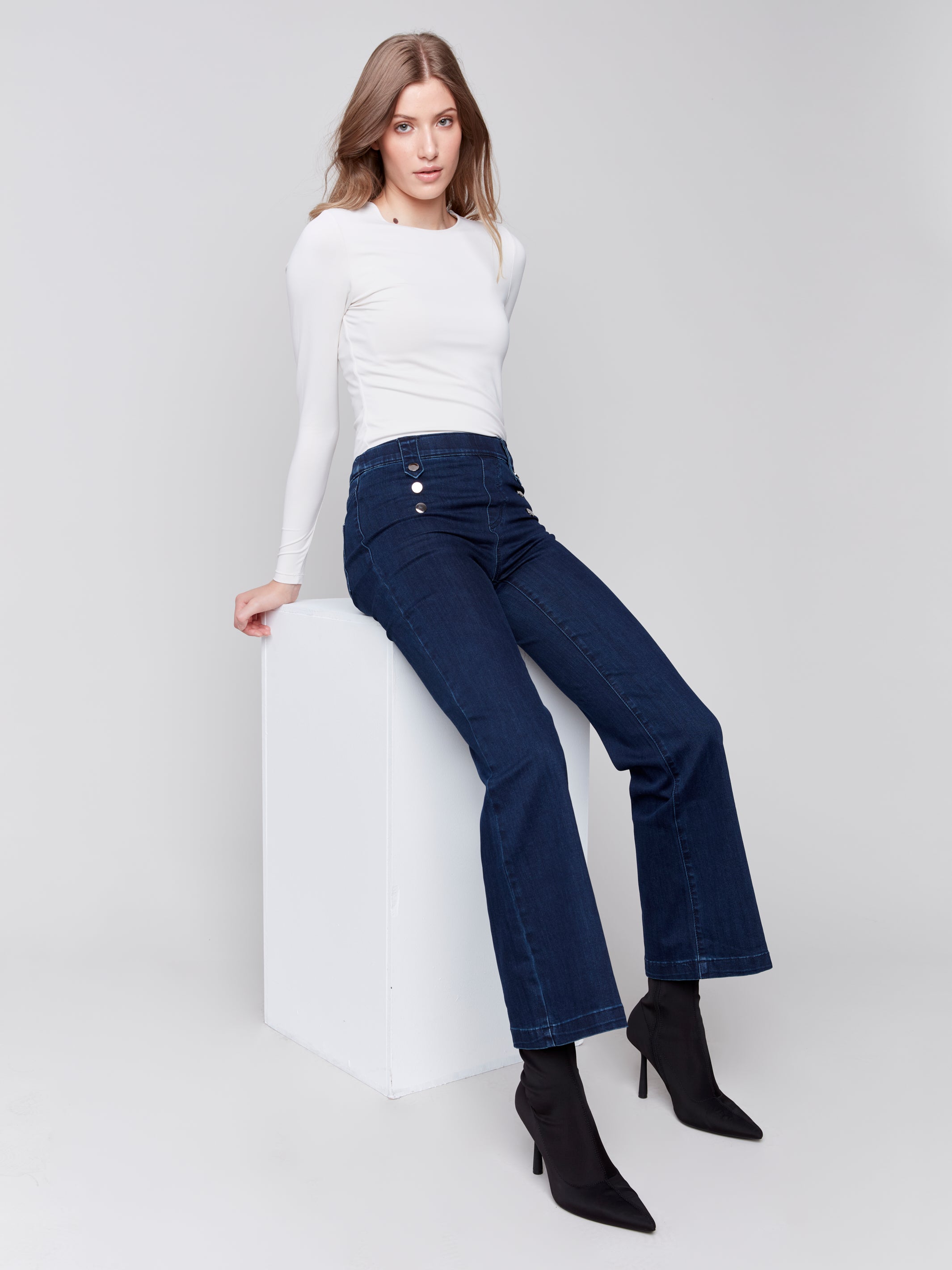 Pull-On Flare Leg Jeans with Front Buttons by Charlie B