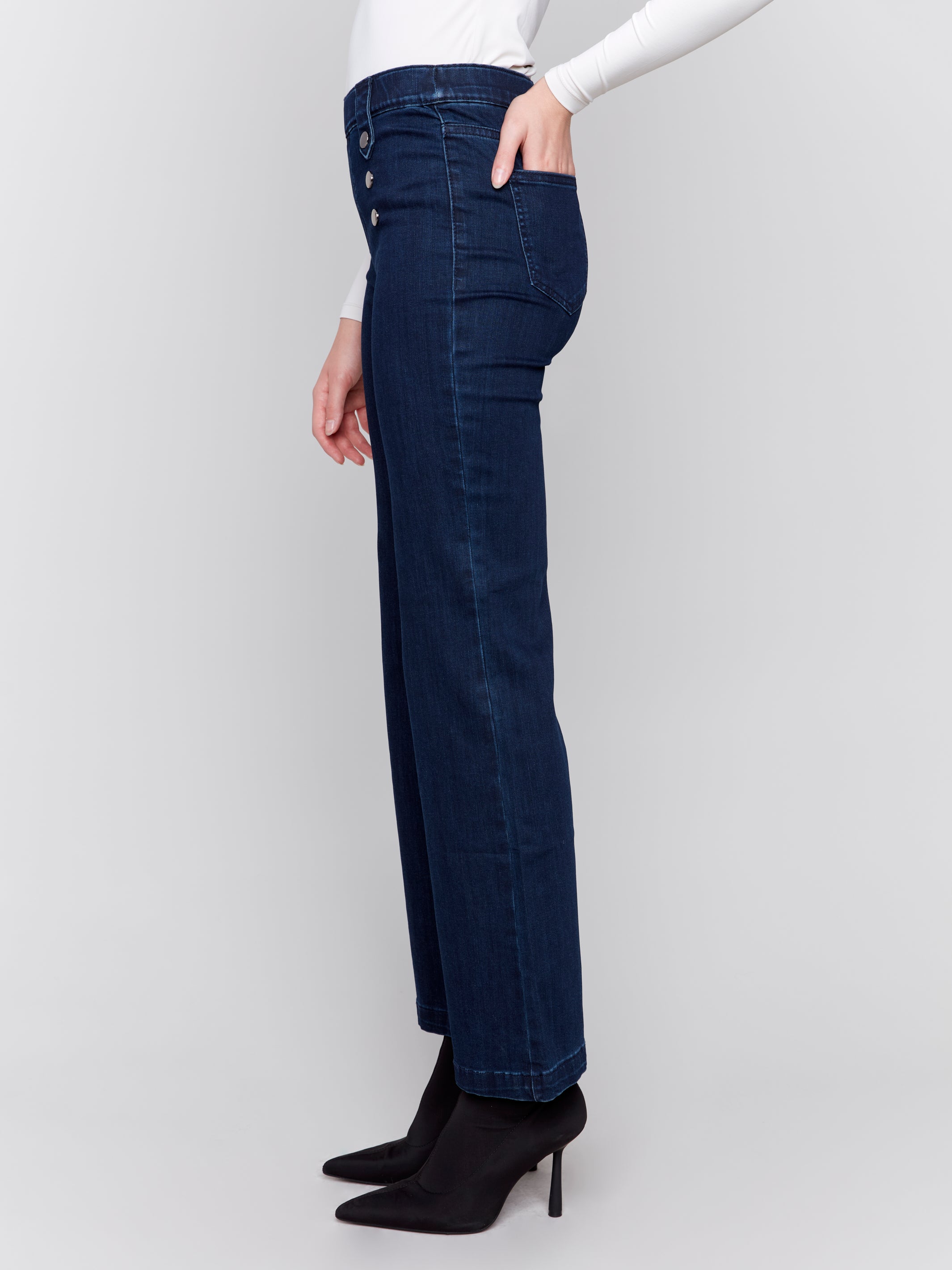 Pull-On Flare Leg Jeans with Front Buttons by Charlie B