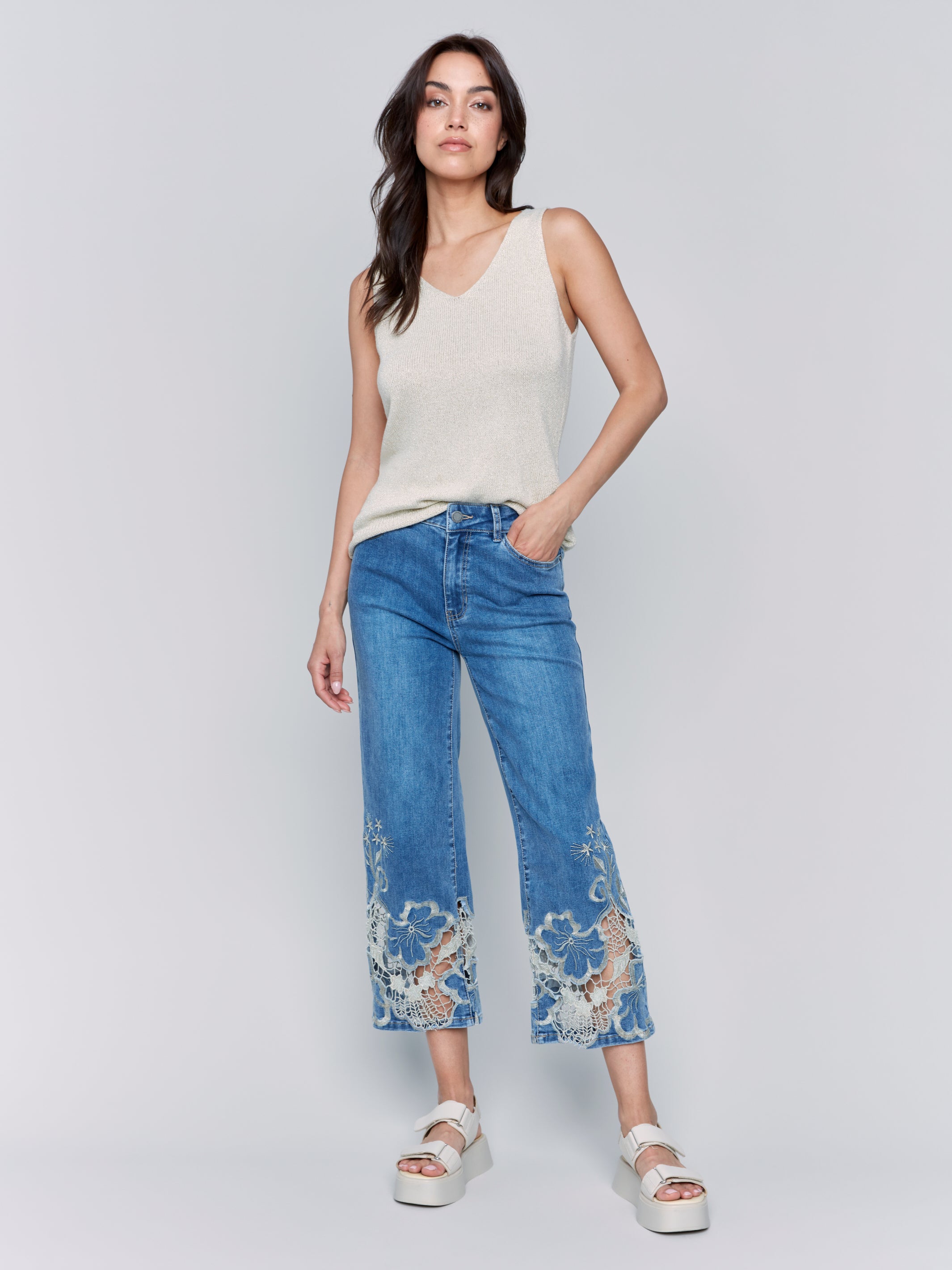 Flare Leg Pant with Laser Cut Lace at the Hem by Charlie B