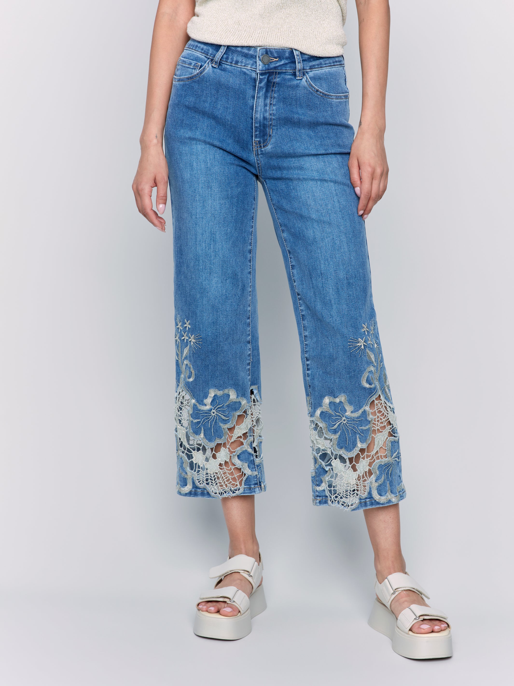 Flare Leg Pant with Laser Cut Lace at the Hem by Charlie B