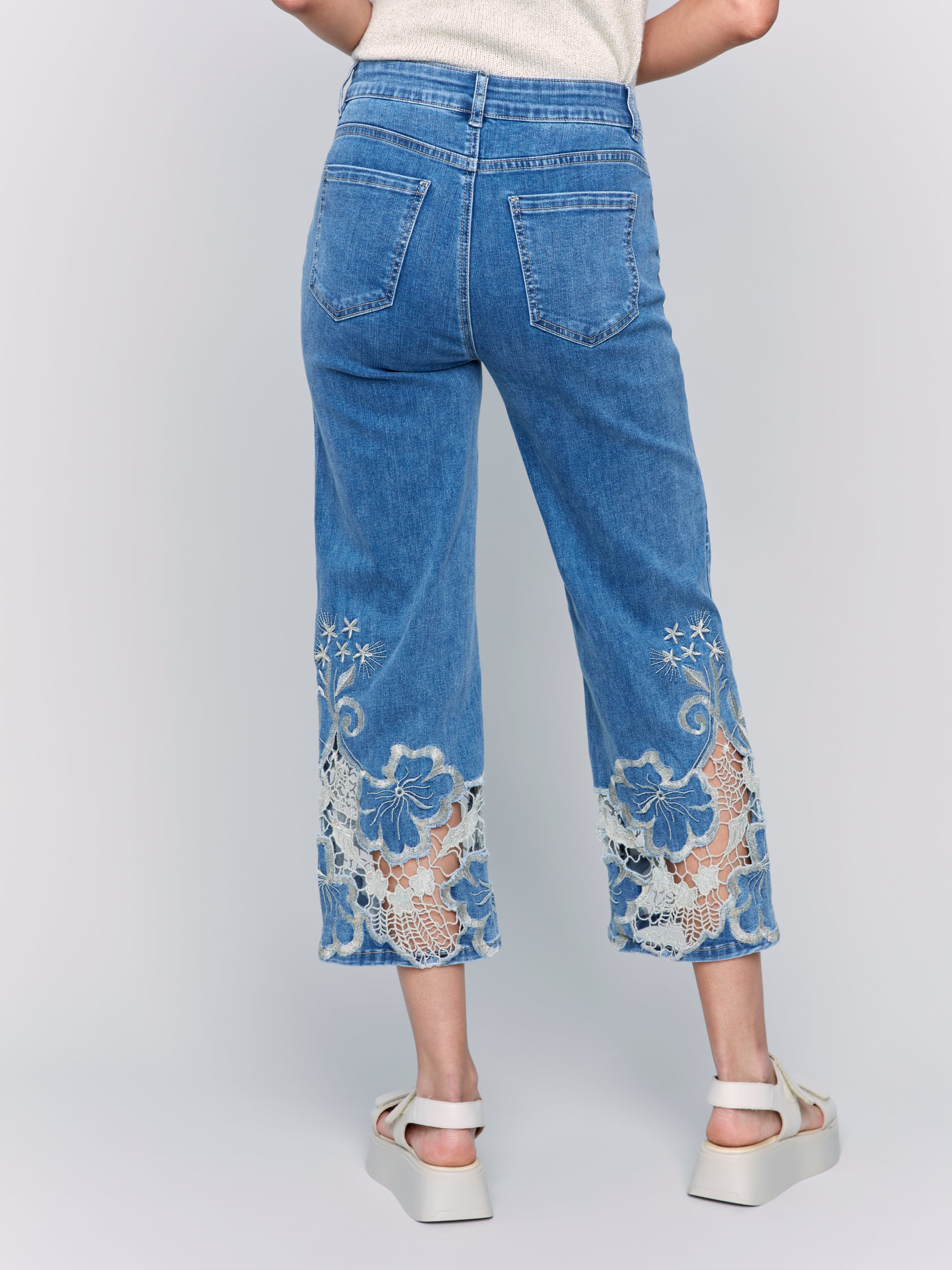 Flare Leg Pant with Laser Cut Lace at the Hem by Charlie B