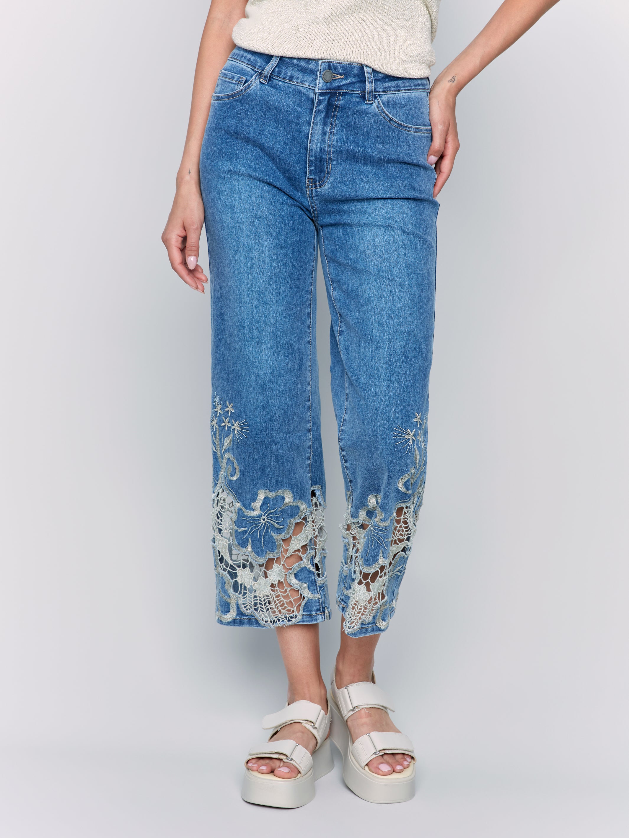 Flare Leg Pant with Laser Cut Lace at the Hem by Charlie B