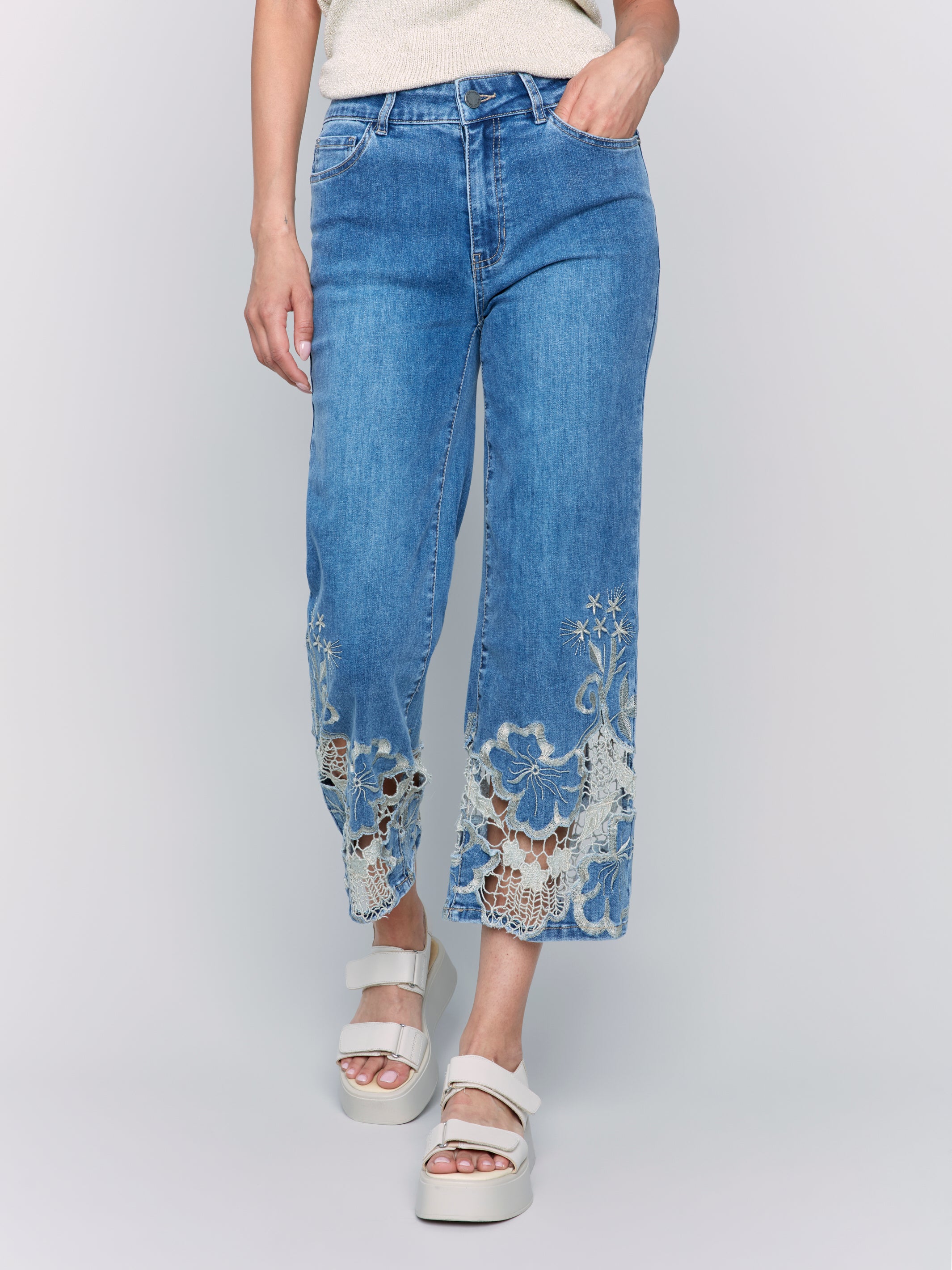 Flare Leg Pant with Laser Cut Lace at the Hem by Charlie B