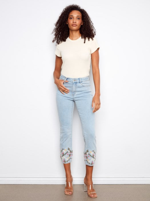Cropped Slim Jeans with Embroidered Hem by Charlie B