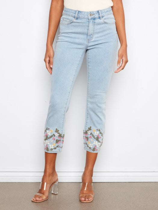 Cropped Slim Jeans with Embroidered Hem by Charlie B