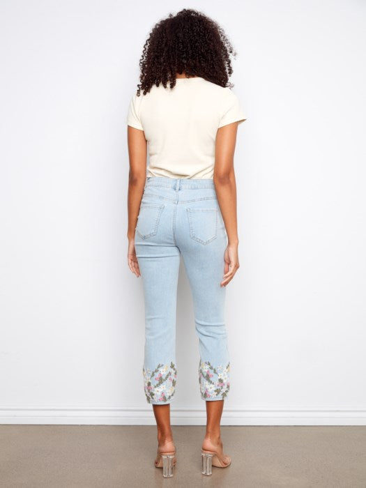 Cropped Slim Jeans with Embroidered Hem by Charlie B