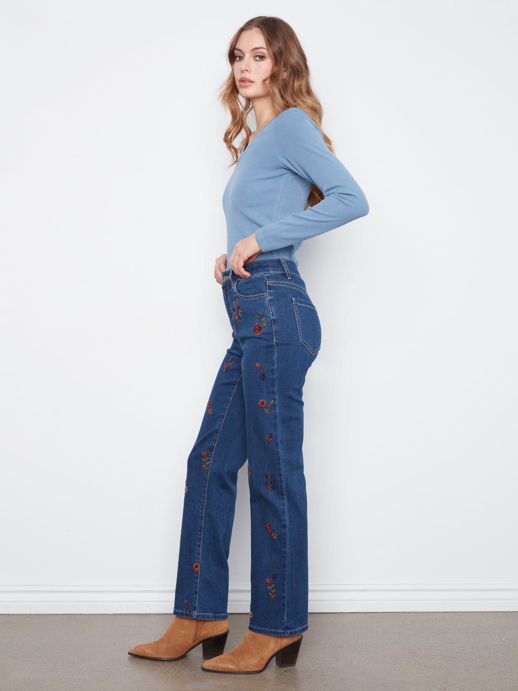 Floral Embroidered Straight Leg Jeans by Charlie B
