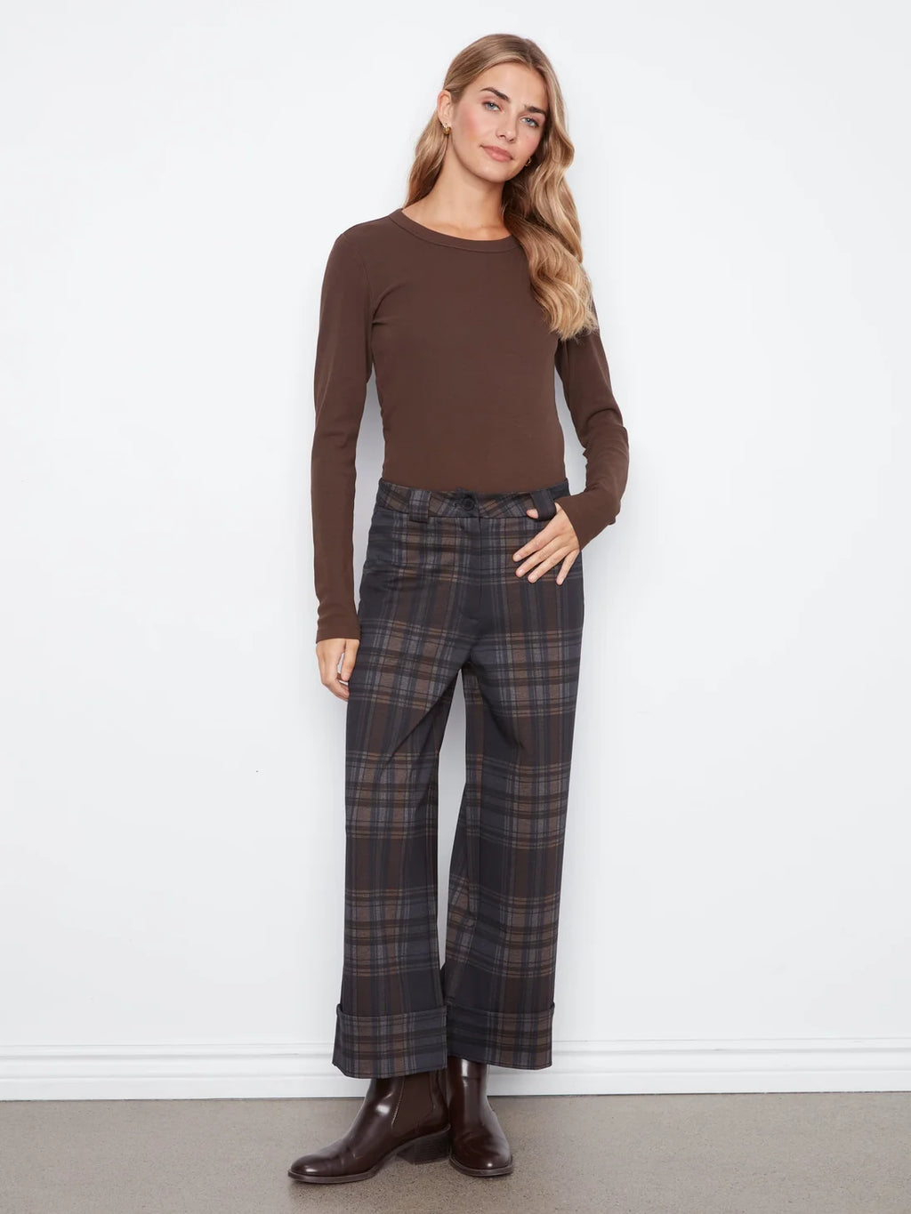 Charlie B Ponte Plaid Wide Leg Pant with Cuff