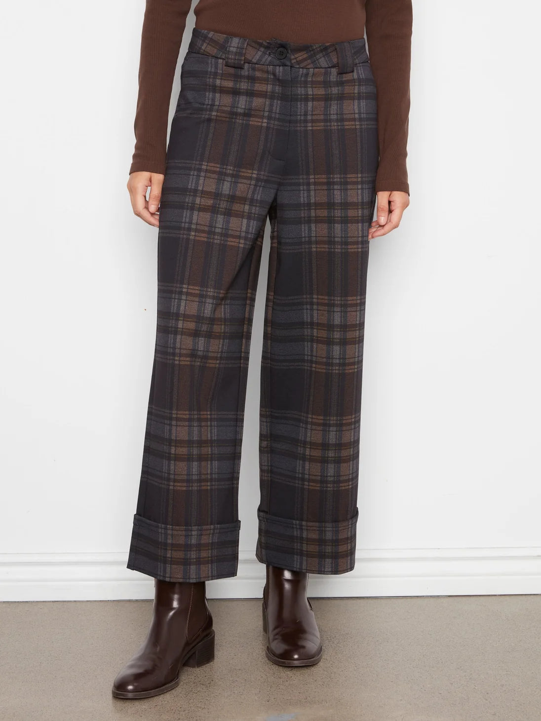 Charlie B Ponte Plaid Wide Leg Pant with Cuff
