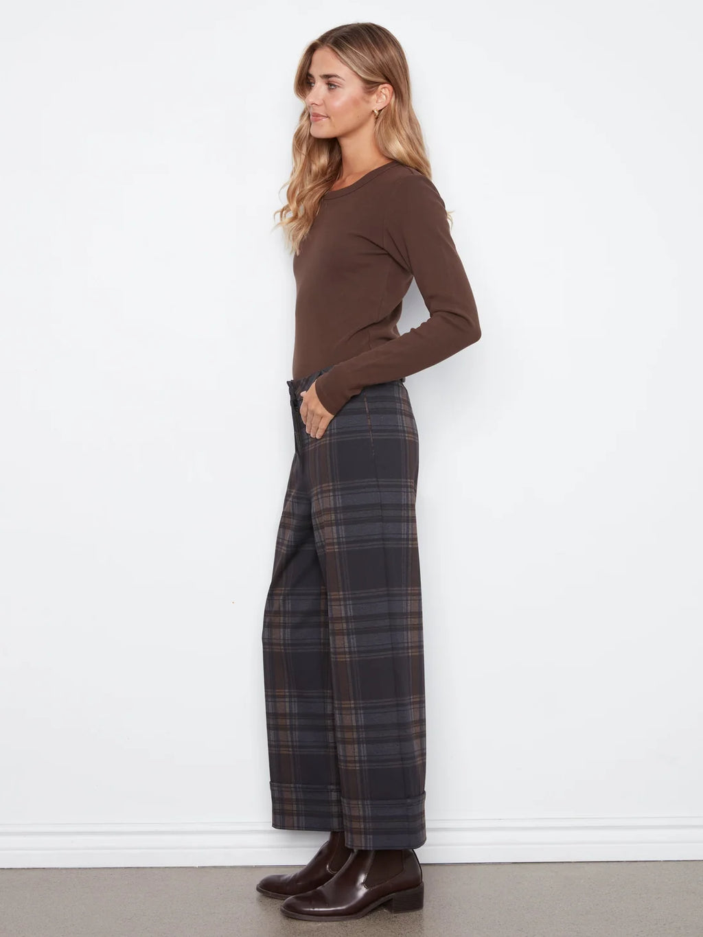 Charlie B Ponte Plaid Wide Leg Pant with Cuff